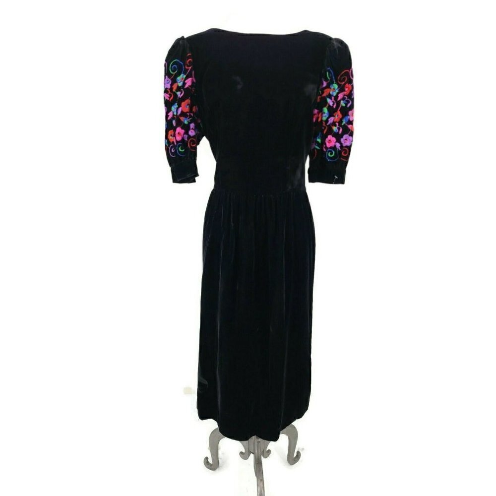 Vintage Lanz Velvet Dress Womens 8/10? Black Floral Embroidered Puff Sleeves